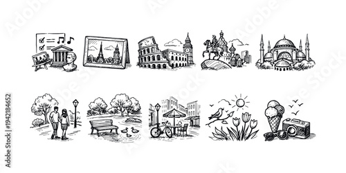 Cultural landmarks linear icon set. Historical and travel line art icons collection