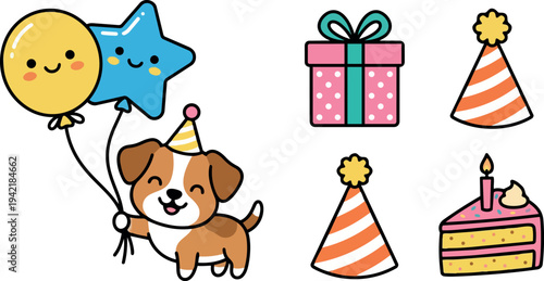 Cute cartoon puppy holding smiling star balloon and round balloon wearing party hat with gift box two striped party hats and birthday cake slice vector art