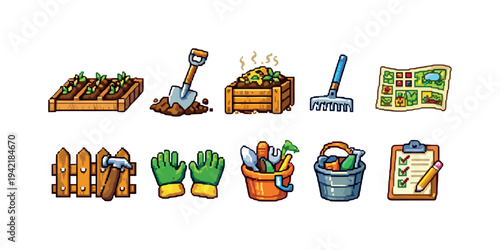 Gardening tools flat icon set. Farming, maintenance, and landscaping icons collection.