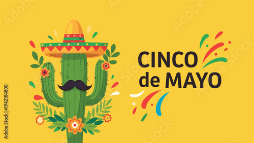 Festive Cinco de Mayo greeting card featuring a decorated cactus with a sombrero and mustache on a yellow background design.
