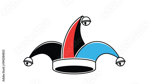 Traditional jester hat with three bells in black, red, and blue colors representing comedy, humor, and carnival fun celebration.