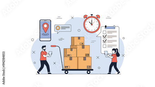 Logistics and delivery service concept showing workers moving cardboard boxes with a tracking app and checklist for shipping.