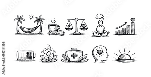 Wellness and balance sketch icon set. Meditation, relaxation outline icons collection
