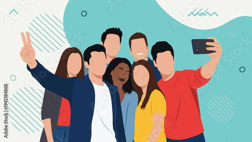 Diverse group of young friends taking a happy selfie together with a smartphone against a colorful abstract background shapes.