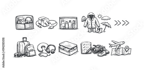 Travel essentials sketch icon collection. Vacation, tourism outlined icons set.