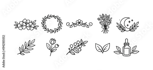 Nature-themed line icon set featuring floral, botanical, and decorative elements