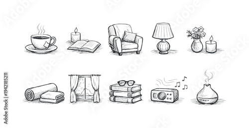Cozy living space outline icon set. Home, comfort, relaxation, decor icons collection