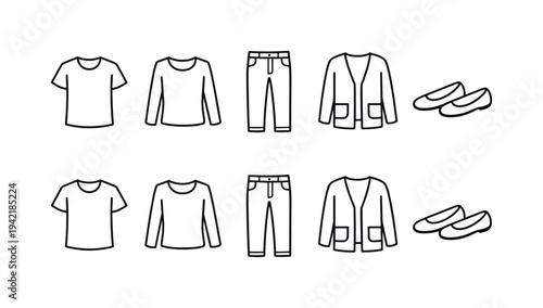 Clothing outline icon set. Apparel, fashion, wardrobe simple line icons collection