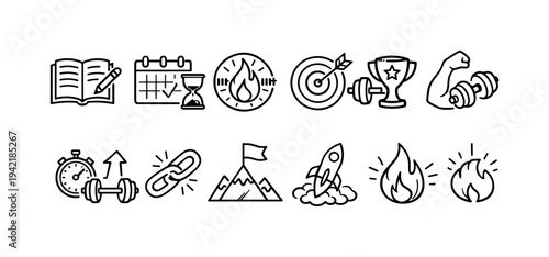 Fitness and exercise icon set. Linear workout, gym activity outline icons collection