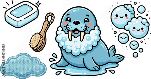 Cute smiling walrus character covered with soap foam bubbles holding bath brush and soap bar in bright colorful vector style