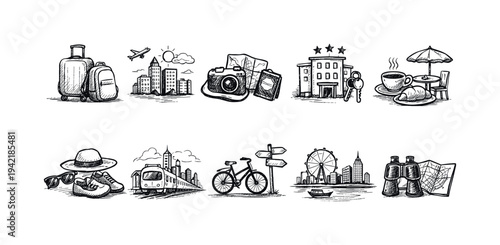 Travel and tourism sketch icon set featuring hand-drawn vacation and destination symbols