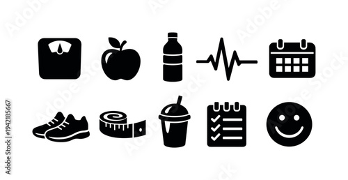 Health and fitness silhouette icon set. Wellness, exercise, healthy living icons collection