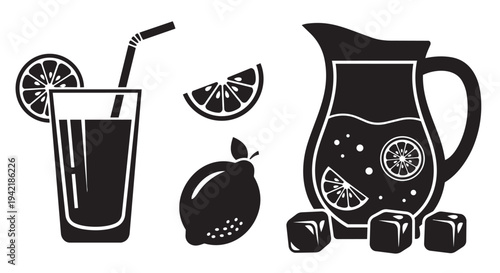 Lemonade pitcher and glass with citrus fruits and ice cubes graphic illustration