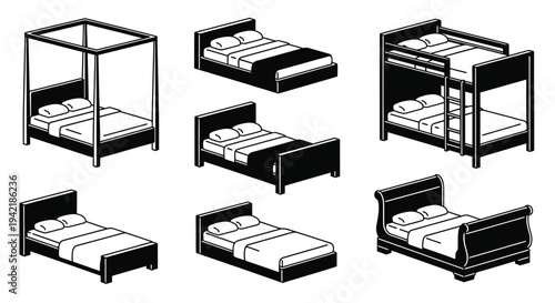 Diverse selection of bed furniture icons representing various styles and sleeping.