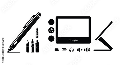 Black silhouette icons of digital drawing tools and tablet accessories are neatly.