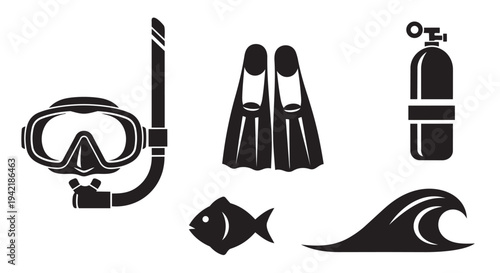 Snorkeling equipment set with mask flippers fish and wave on white background for diving adventure
