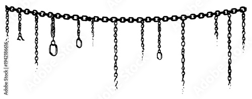 Hand drawn vintage hanging metal chains with shackles and padlocks in gothic style