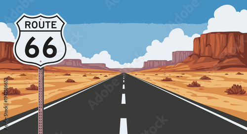 Illustration of a Route 66 road sign standing on the left side of a straight asphalt road leading into the distance with desert landscape and rock formations under a blue sky with clouds.