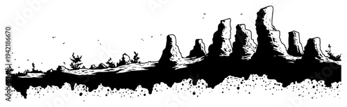 Minimalist black and white hand drawn landscape featuring rocky formations and desert scenery