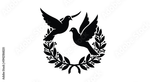 Two stylized doves fly above a laurel wreath representing peace and harmony concept.