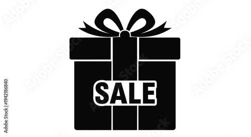 Gift box icon featuring the word SALE is presented on a simple white background.