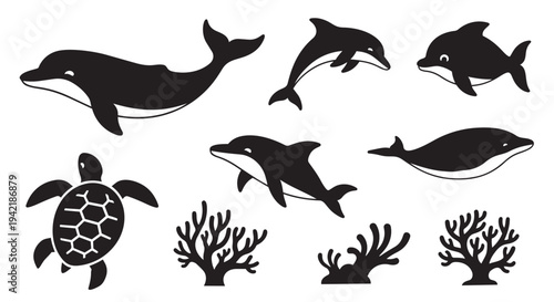 Collection of marine life silhouettes including dolphins, a turtle, and coral reefs underwater elements