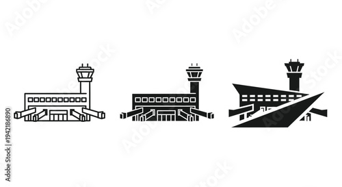 Three stylized airport control tower building icons demonstrate various modern.
