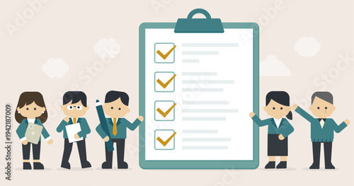 Business team completing checklist on clipboard for task management and workflow planning | Gentle Business Illustration Series