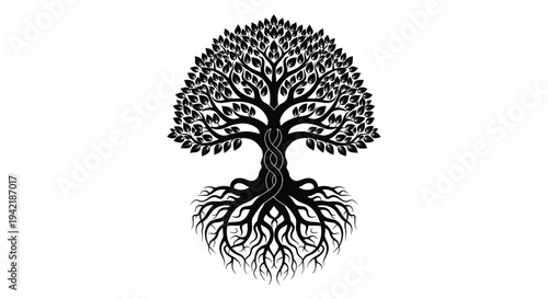 Stylized tree of life illustration features dense foliage and intricate root structure.