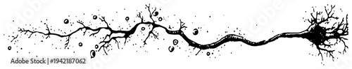 Artistic sketch of a human nerve cell with branching dendrites and organic splatters