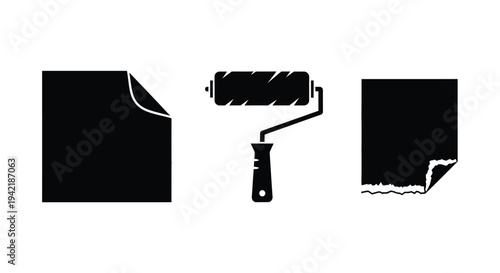 Paint roller and two paper sheets with curled or torn corners symbolize renovation.