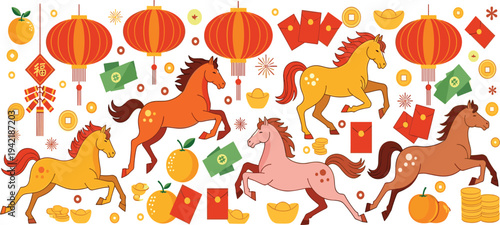 Vibrant Vector Icons Celebrating Chinese New Year – Horses, Lanterns, Oranges, Red Envelopes, and Festive Decorations