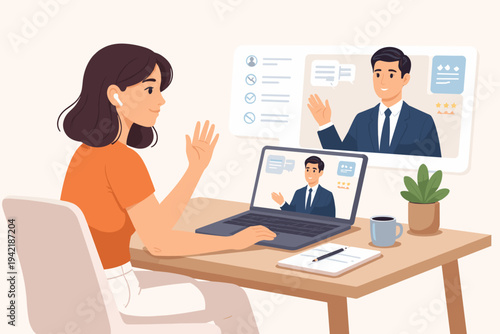 Professional Online Job Interview Vector Illustration: A woman at home using a laptop for a video conference with a male recruiter. Remote hiring, virtual meeting, and digital career concept.