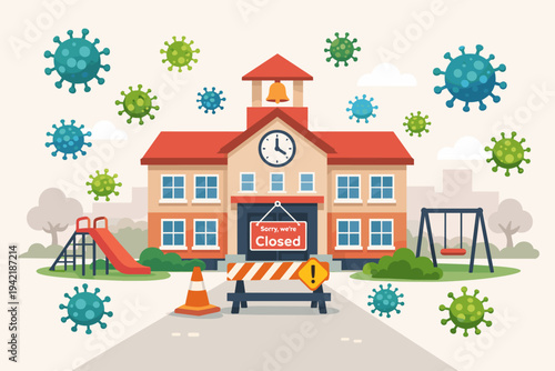 School Building Closed During Coronavirus Pandemic Lockdown with Sorry We Are Closed Sign, Virus Particles, Playground, and Barrier for Social Distancing and Safety Measures Vector Illustration