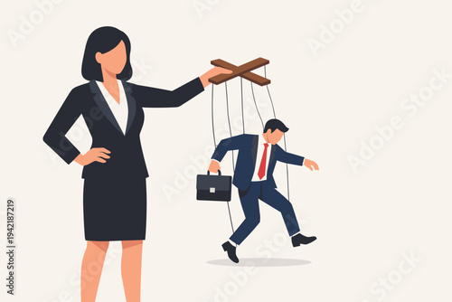 Powerful businesswoman boss controlling a puppet businessman with strings. Concept of corporate manipulation, power dynamics, hierarchy, and workplace influence in a flat vector illustration.