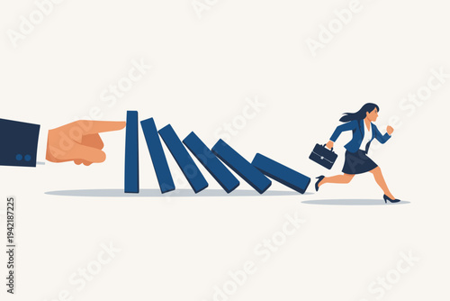 Business Man Hand Pushing Dominoes Causing a Chain Reaction and a Businesswoman Running Away from the Falling Effect, Representing Corporate Crisis, Risk Management, and Work Pressure Vector