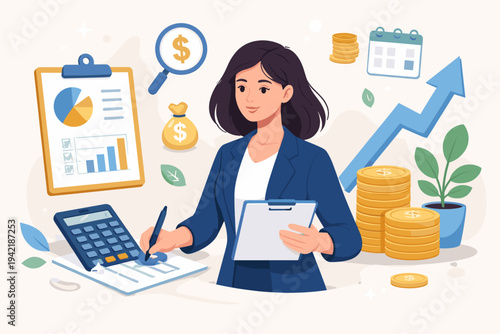 Professional businesswoman managing corporate finances, accounting, and budget planning with calculator, clipboard, and growth charts. Flat vector illustration for financial success and wealth.