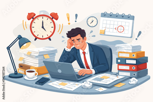 Overworked Businessman Stressed at Desk with Laptop and Stacks of Paper Under Pressure of Tight Deadline and Time Management Issues Flat Vector Illustration of Busy Employee in Office Environment.