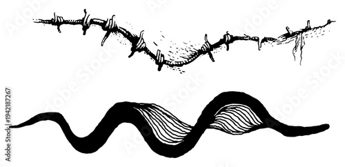 Set of hand drawn barbed wire and abstract wavy ink elements