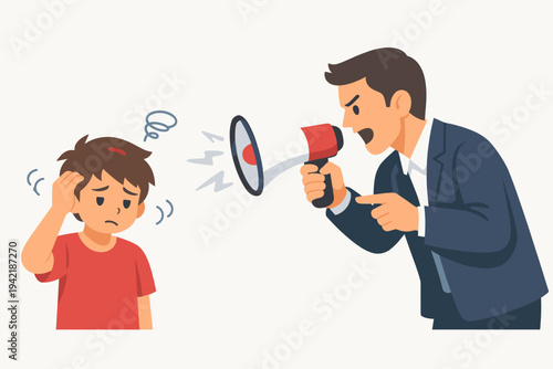 Vector Illustration of an Angry Adult Man in a Suit Shouting Through a Megaphone at a Sad and Confused Young Boy, Depicting Social Pressure, Strict Parenting, Verbal Abuse, and Emotional Stress