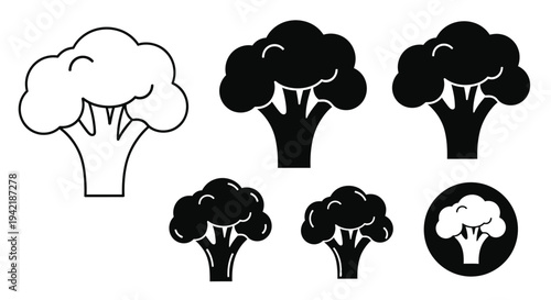 Multiple styles of broccoli icons are presented in black and white outline and solid.