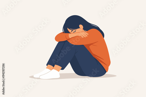 Sad and depressed young woman sitting on the floor hugging her knees with head down, flat vector illustration representing mental health, loneliness, grief, anxiety, stress, and emotional despair.