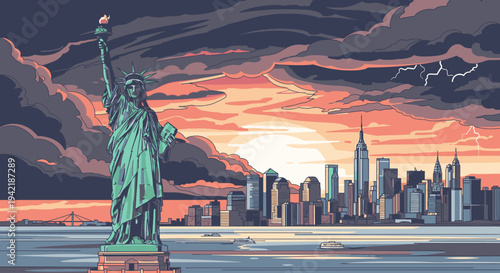 Digital illustration of the Statue of Liberty standing in front of a vibrant New York City skyline during a dramatic sunset with stormy clouds.