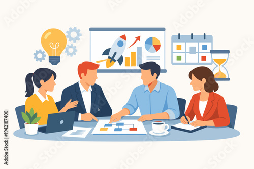 Business team sitting at a table managing a new project with brainstorming ideas, lightbulb, rocket launch strategy, charts, calendar, and hourglass in a simple flat vector illustration style.