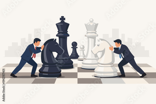Two businessmen in suits pushing large chess pieces on a chessboard, representing corporate strategy, competitive rivalry, tactical negotiation, and leadership in a professional city setting.