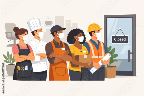 Group of diverse professional workers wearing face masks standing in line in front of a closed store door, waiting for business to reopen after COVID-19 pandemic lockdown and economic crisis.