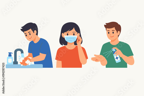 Flat vector illustration of people following health protocols: washing hands at a sink, wearing a medical face mask, and using alcohol spray sanitizer for virus prevention and personal hygiene.