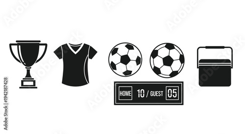 Soccer equipment icons including a trophy, jersey, balls, scoreboard, and cooler box.
