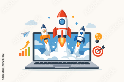 Flat Vector Illustration of Three Rockets Launching from a Laptop Screen Representing a Successful Online Startup Business Growth Innovation Creative Idea Goal Achievement and Digital Marketing