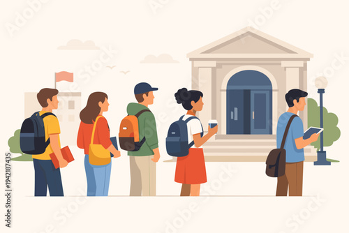Group of diverse students with backpacks and books standing in line to enter a university building. Flat vector illustration for education, college enrollment, campus life, and back to school.